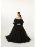 Off Shoulder Black Lace Tulle Evening Dress With Removable Sleeves Off Shoulder Black Lace Tulle Evening Dress With Removable Sleeves