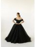 Off Shoulder Black Lace Tulle Evening Dress With Removable Sleeves