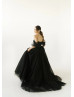 Off Shoulder Black Lace Tulle Evening Dress With Removable Sleeves