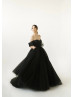 Off Shoulder Black Lace Tulle Evening Dress With Removable Sleeves