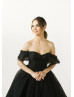 Off Shoulder Black Lace Tulle Evening Dress With Removable Sleeves