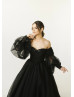 Off Shoulder Black Lace Tulle Evening Dress With Removable Sleeves