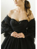 Off Shoulder Black Lace Tulle Evening Dress With Removable Sleeves