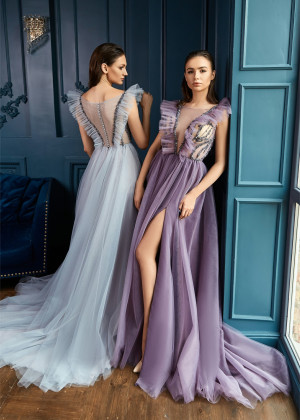 Sexy Glitter Tulle High Slit Evening Dress