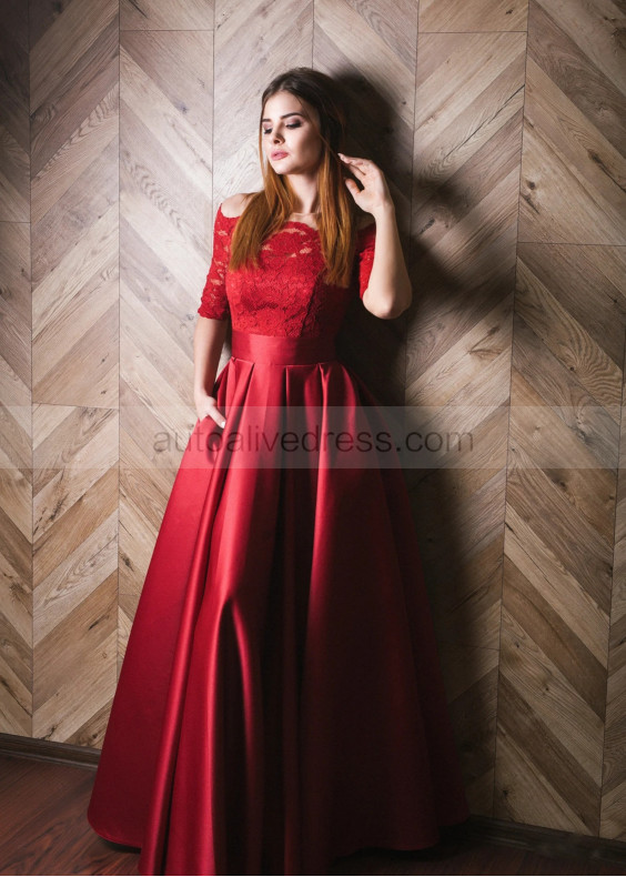 Red Lace Satin Box Pleated Simple Evening Dress