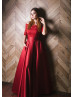 Red Lace Satin Box Pleated Simple Evening Dress