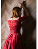 Red Lace Satin Box Pleated Simple Evening Dress