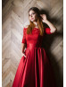 Red Lace Satin Box Pleated Simple Evening Dress