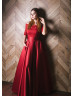 Red Lace Satin Box Pleated Simple Evening Dress Red Lace Satin Box Pleated Simple Evening Dress