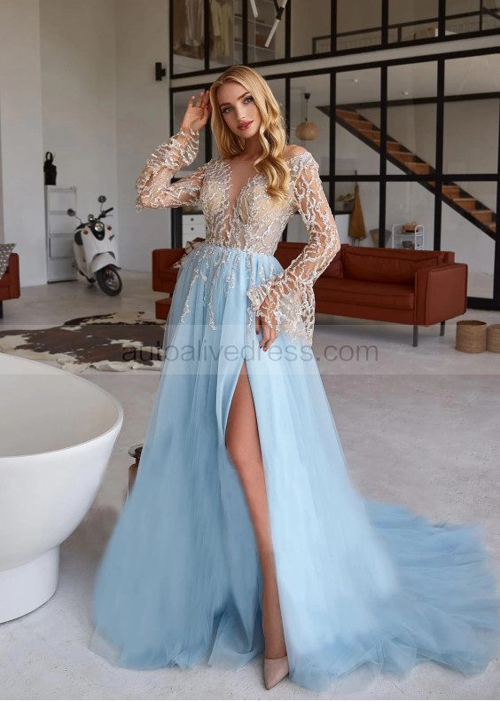 Long Sleeves Sequined Lace Tulle Sexy Slit Evening Dress