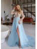 Long Sleeves Sequined Lace Tulle Sexy Slit Evening Dress