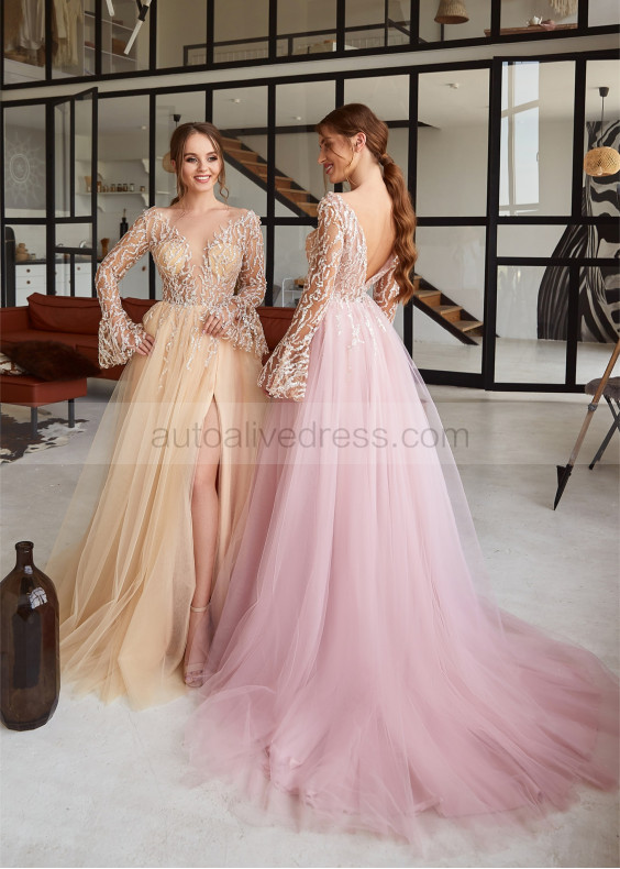 Long Sleeves Sequined Lace Tulle Sexy Slit Evening Dress