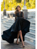 Beaded Dotted Lace Satin High Low Evening Dress