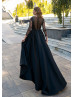 Beaded Dotted Lace Satin High Low Evening Dress