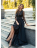 Beaded Dotted Lace Satin High Low Evening Dress