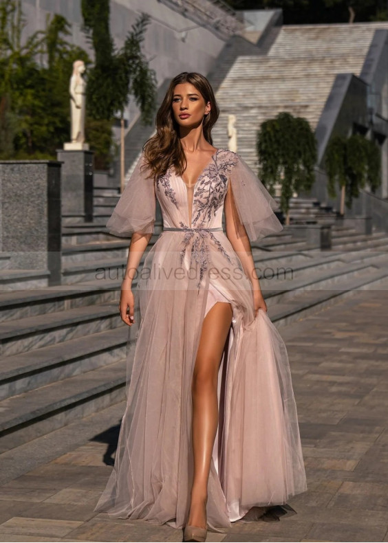 Beaded Lace Tulle Slit Evening Dress Party Gown