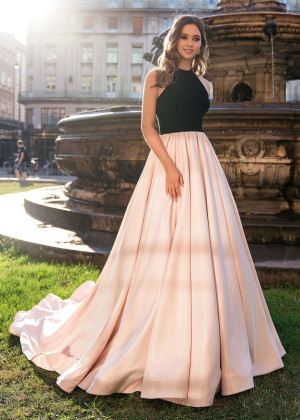 Halter Black Velvet Pink Satin Unusual Evening Dress