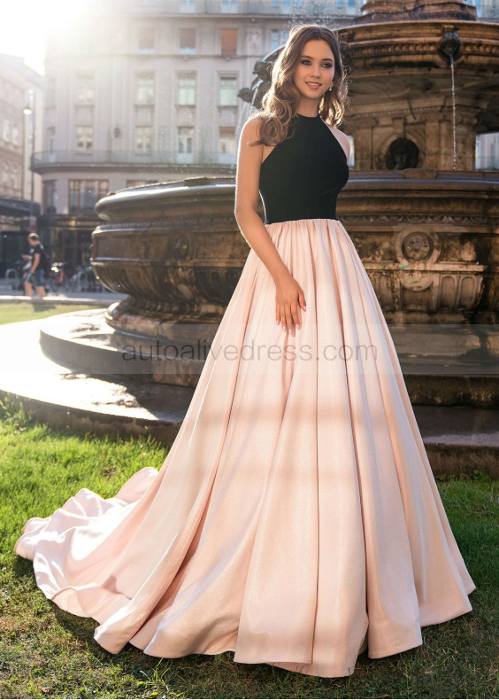 Halter Black Velvet Pink Satin Unusual Evening Dress Halter Black Velvet Pink Satin Unusual Evening Dress