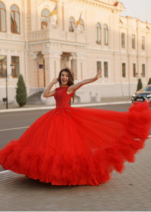 Luxury Beaded Red Lace Tulle Corset Back Evening Dress