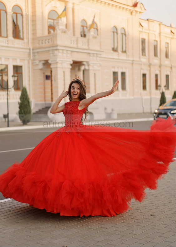 Luxury Beaded Red Lace Tulle Corset Back Evening Dress Luxury Beaded Red Lace Tulle Corset Back Evening Dress