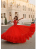 Luxury Beaded Red Lace Tulle Corset Back Evening Dress