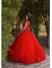 Luxury Beaded Red Lace Tulle Corset Back Evening Dress