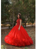 Luxury Beaded Red Lace Tulle Corset Back Evening Dress