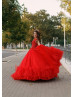 Luxury Beaded Red Lace Tulle Corset Back Evening Dress