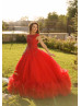 Luxury Beaded Red Lace Tulle Corset Back Evening Dress