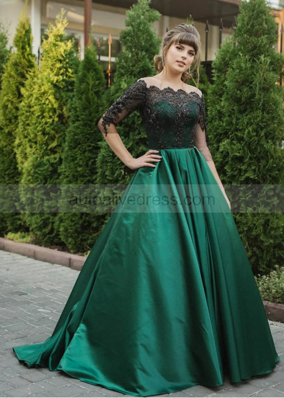 Beaded Black Lace Emerald Satin Classic Evening Dress