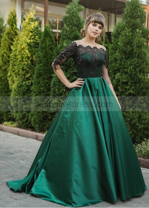 Beaded Black Lace Emerald Satin Classic Evening Dress Beaded Black Lace Emerald Satin Classic Evening Dress