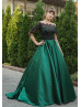 Beaded Black Lace Emerald Satin Classic Evening Dress