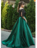 Beaded Black Lace Emerald Satin Classic Evening Dress Beaded Black Lace Emerald Satin Classic Evening Dress