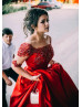 Elbow Sleeves Beaded Red Lace Satin Stylish Evening Dress