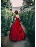 Elbow Sleeves Beaded Red Lace Satin Stylish Evening Dress