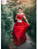 Elbow Sleeves Beaded Red Lace Satin Stylish Evening Dress