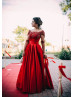 Elbow Sleeves Beaded Red Lace Satin Stylish Evening Dress