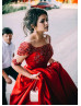 Elbow Sleeves Beaded Red Lace Satin Stylish Evening Dress Elbow Sleeves Beaded Red Lace Satin Stylish Evening Dress