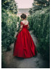 Elbow Sleeves Beaded Red Lace Satin Stylish Evening Dress
