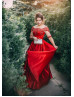 Elbow Sleeves Beaded Red Lace Satin Stylish Evening Dress Elbow Sleeves Beaded Red Lace Satin Stylish Evening Dress