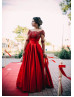 Elbow Sleeves Beaded Red Lace Satin Stylish Evening Dress