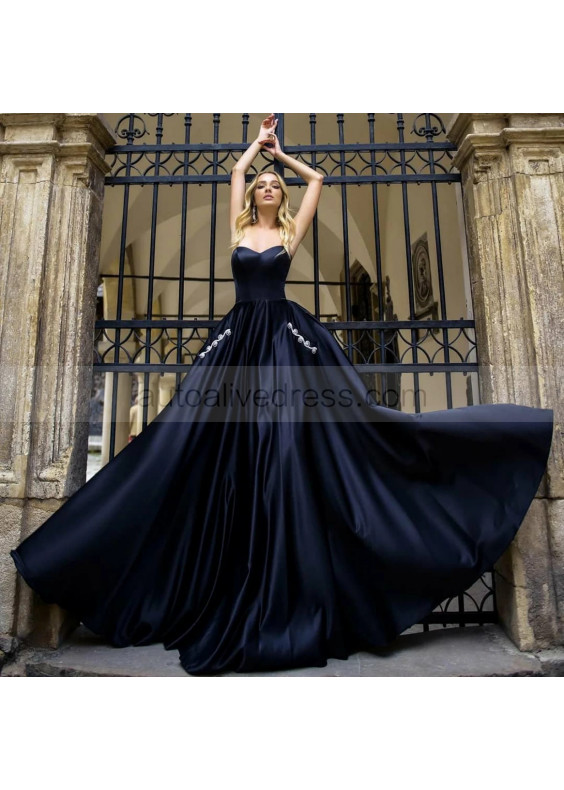 Strapless Sweetheart Neck Satin Beautiful Evening Dress With Pockets Strapless Sweetheart Neck Satin Beautiful Evening Dress With Pockets