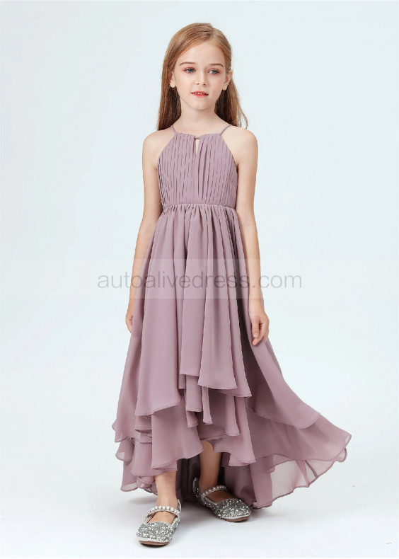 mauve junior bridesmaid dresses Zapaka Women Dusty Rose Satin A-line Pleated V-neck Long Junior Bridesmaid  Dress – ZAPAKA