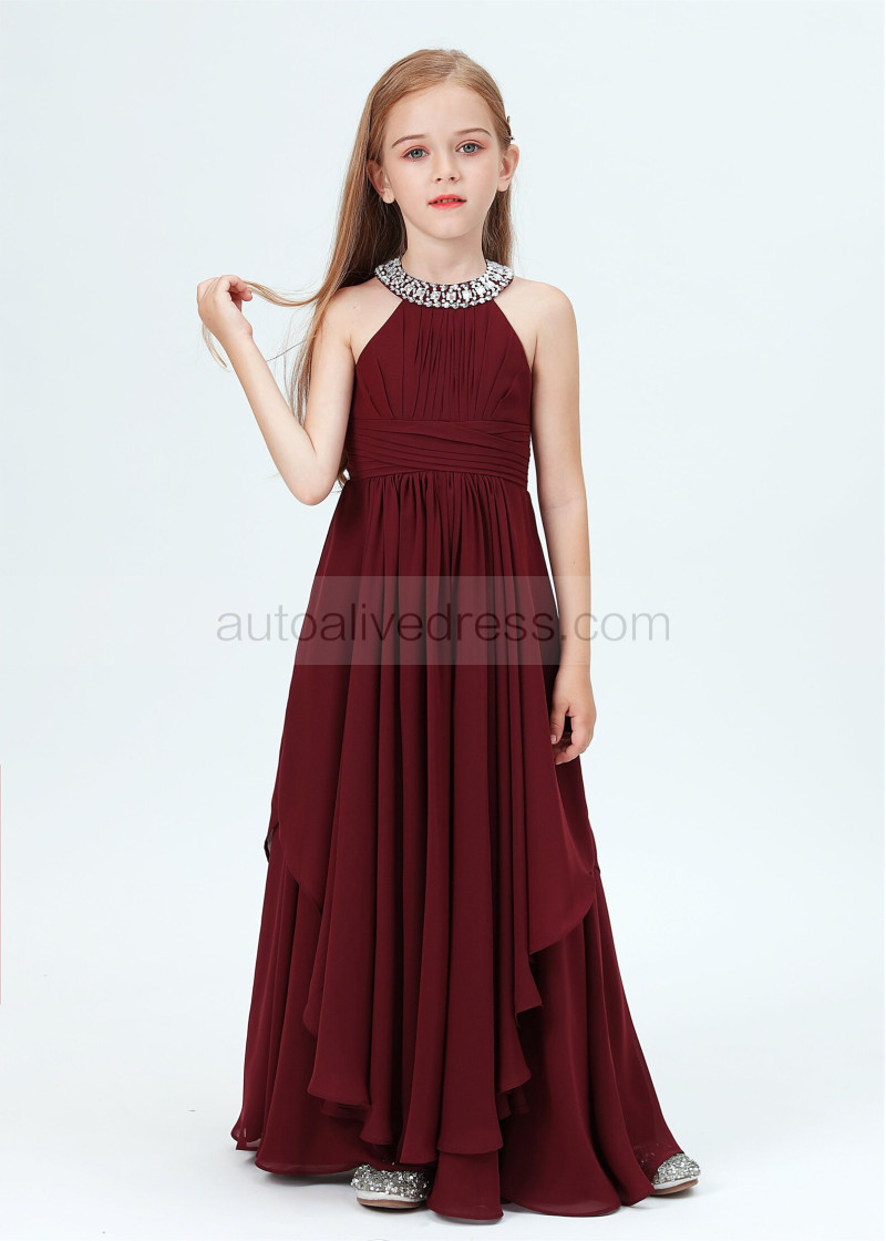 A-line Beaded Cabernet Pleated Chiffon Boho Junior Bridesmaid Dress