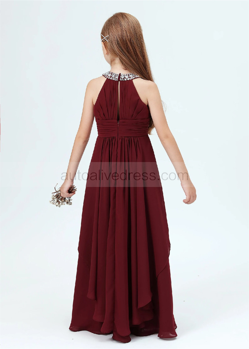 A-line Beaded Cabernet Pleated Chiffon Boho Junior Bridesmaid Dress A-line Beaded Cabernet Pleated Chiffon Boho Junior Bridesmaid Dress
