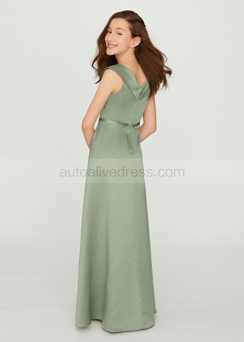 A-line V Neck Sage Satin Elegant Junior Bridesmaid Dress A-line V Neck Sage Satin Elegant Junior Bridesmaid Dress