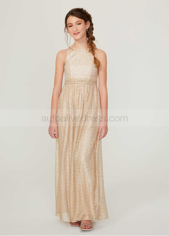 A-line Gold Sequin Sparkling Ruched Waist Junior Bridesmaid Dress A-line Gold Sequin Sparkling Ruched Waist Junior Bridesmaid Dress