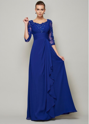 Beaded Royal Blue Lace Chiffon Empire Waist Mother Of The Bride Dress