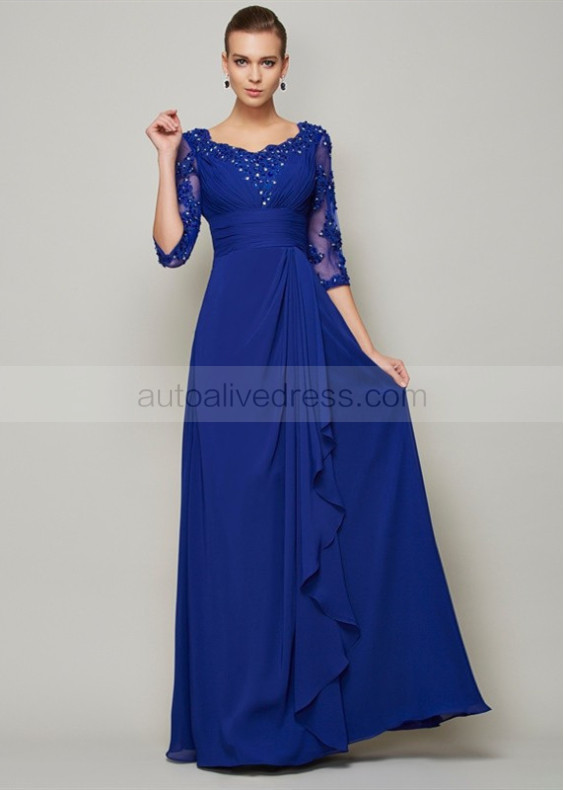 Beaded Royal Blue Lace Chiffon Empire Waist Mother Of The Bride Dress