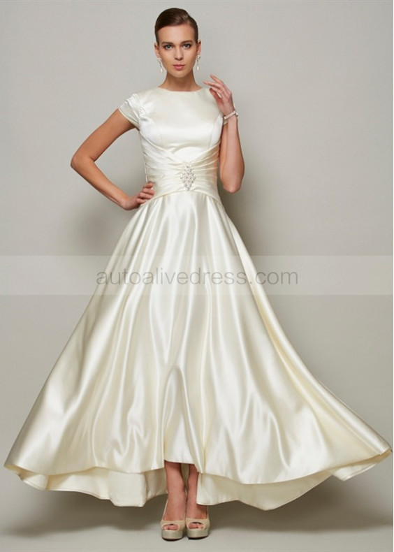 Cap Sleeves Champagne Satin Mother Of The Bride Dress